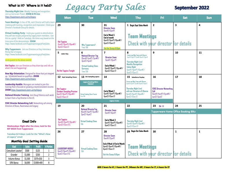 September Calendar of Events Legacy Party Sales
